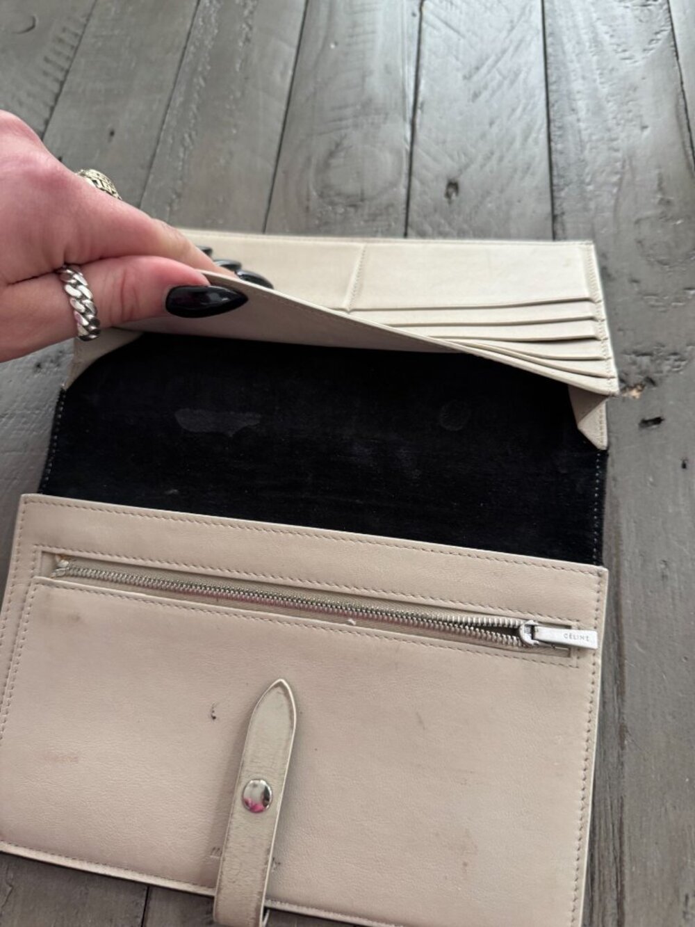 CELINE Leather Large Strap Long Bifold Wallet White Black Two Tone - Picture 7 of 8